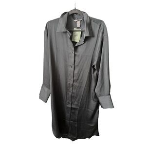 NWT | H&M | Satin Button-Down Long Shirt Dress in Slate Gray | Size L